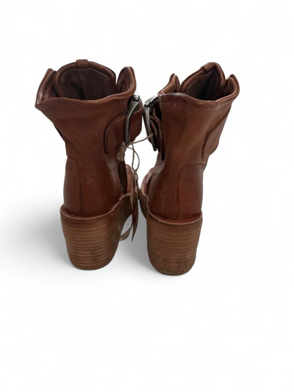 A.S.98 Tan Brown Leather Open-Toe Wedge Sandals with Buckle - Picture 4 of 5